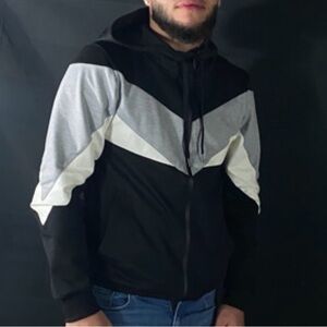 Riflessi Chevron Colorblock Zip Hoodie Black,Gray & White Faux Leather Mens XL